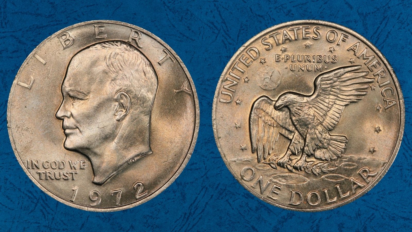 Side-by-side comparison of 1972 Eisenhower dollar Type 1 vs Type 2 reverse globe design differences