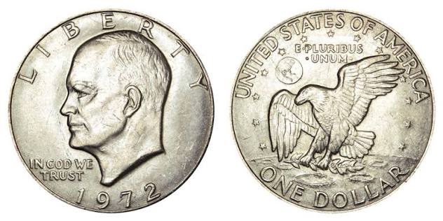 1972 Eisenhower dollar Type 1 reverse close-up showing short Florida stump and flat globe design
