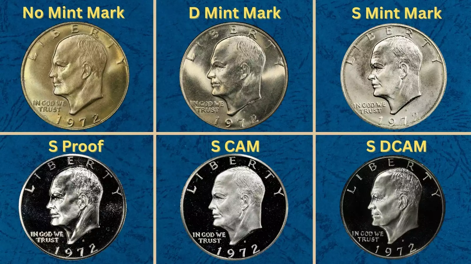 Group photograph of all 1972 Eisenhower dollar varieties including Type 1, Type 2, Type 3, Denver, and San Francisco silver issues
