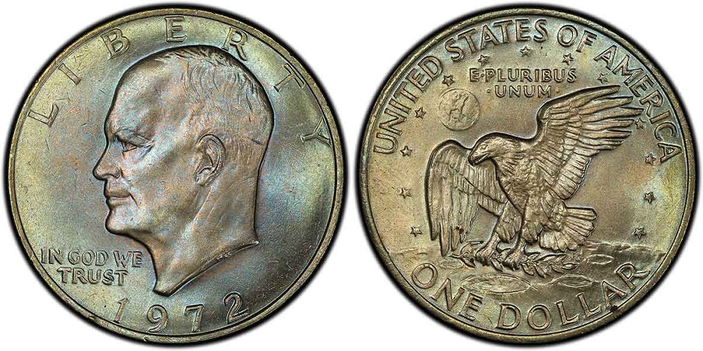 1972 Eisenhower dollar grading strip showing four condition tiers from worn to gem mint state